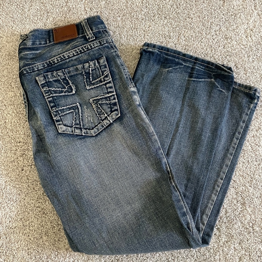 Flypaper Men’s Dark Blue Bootcut Jeans with Embroidered Pocket